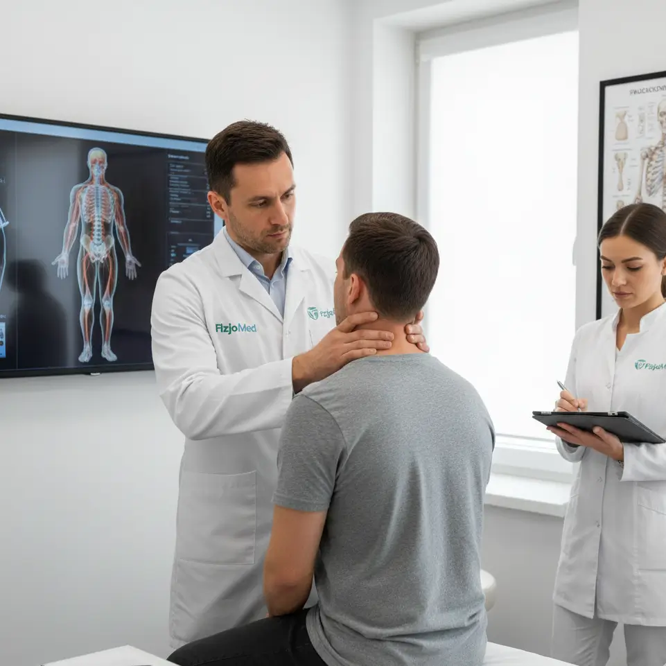 Neurochirurg w FizjoMed Świnoujście przeprowadza manualne badanie odcinka szyjnego kręgosłupa u pacjenta podczas konsultacji