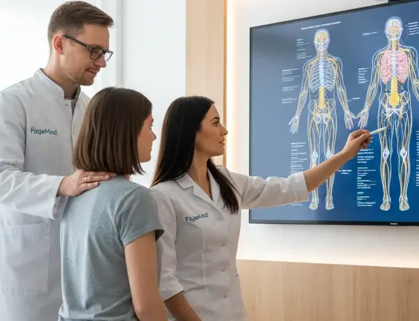 Konsultacja neurologiczna w klinice FizjoMed Świnoujście: lekarze omawiają z pacjentką strukturę układu nerwowego na nowoczesnym ekranie diagnostycznym