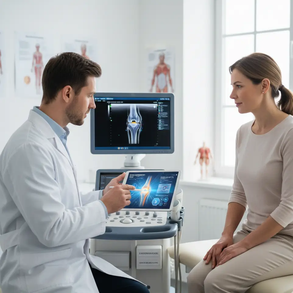 Lekarz ortopeda w Centrum Medycznym FizjoMed pokazuje pacjentce proces regeneracji stawu kolanowego na tablecie przy aparacie USG.