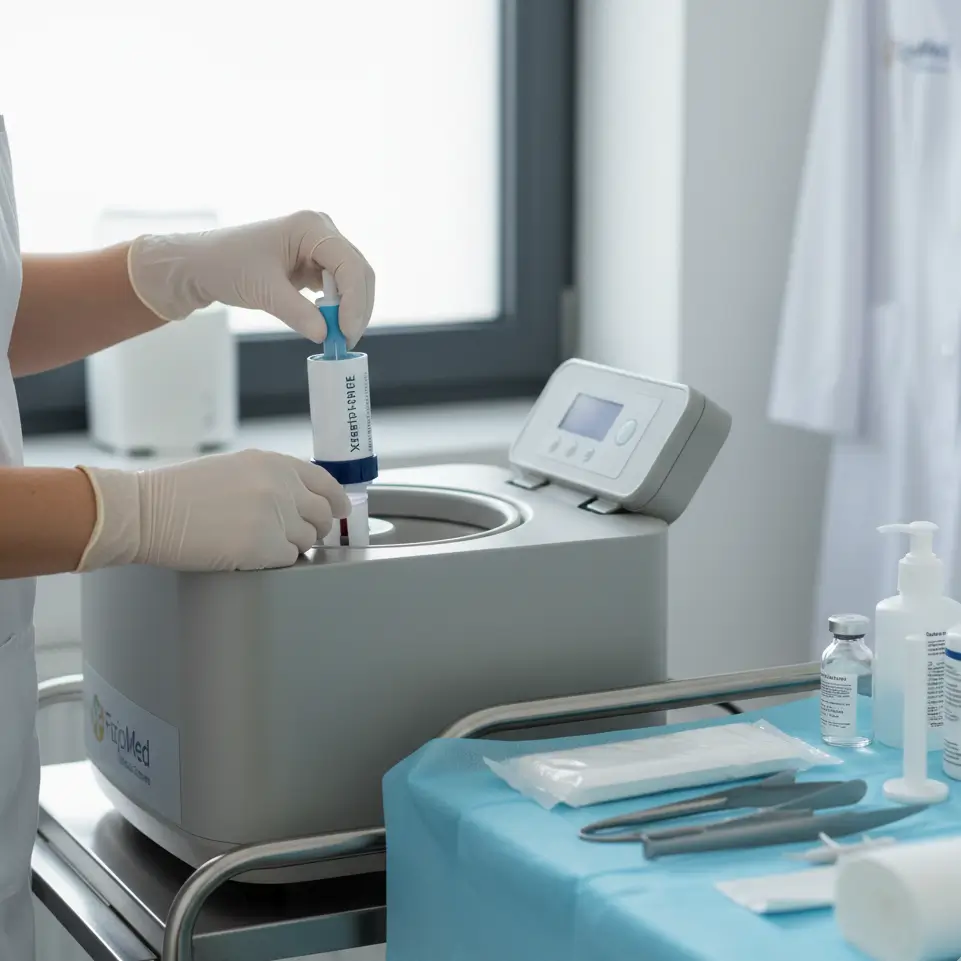 Przygotowanie zestawu Xerthra PRP PURE w sterylnym gabinecie zabiegowym Centrum Medycznego FizjoMed w Świnoujściu.