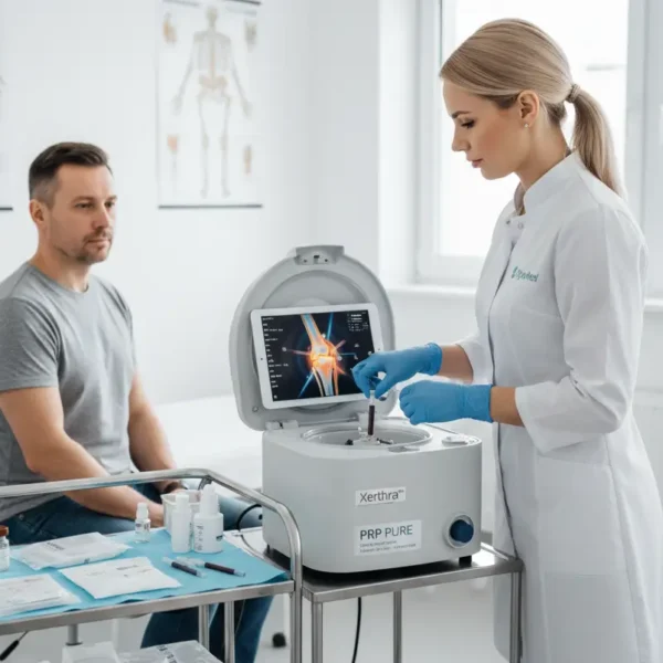 Specjalista w gabinecie FizjoMed przygotowuje preparat Xerthra PRP PURE przy użyciu wirówki medycznej w obecności pacjenta.