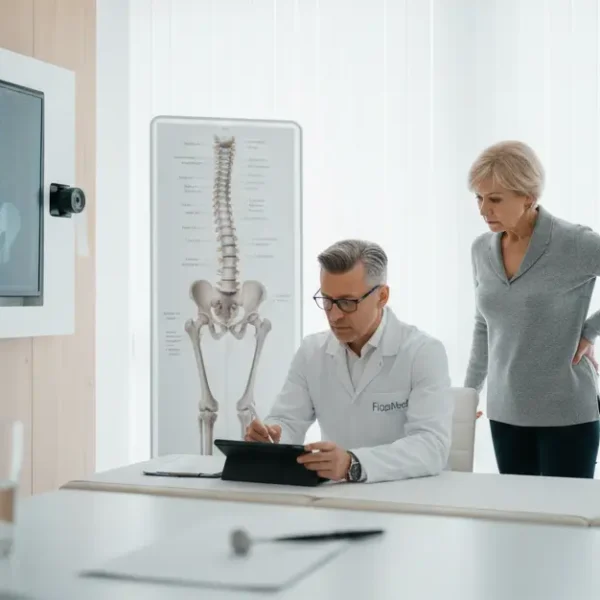 Neurochirurg w gabinecie FizjoMed Świnoujście uzupełnia dokumentację medyczną pacjentki po przeprowadzonej konsultacji kręgosłupa